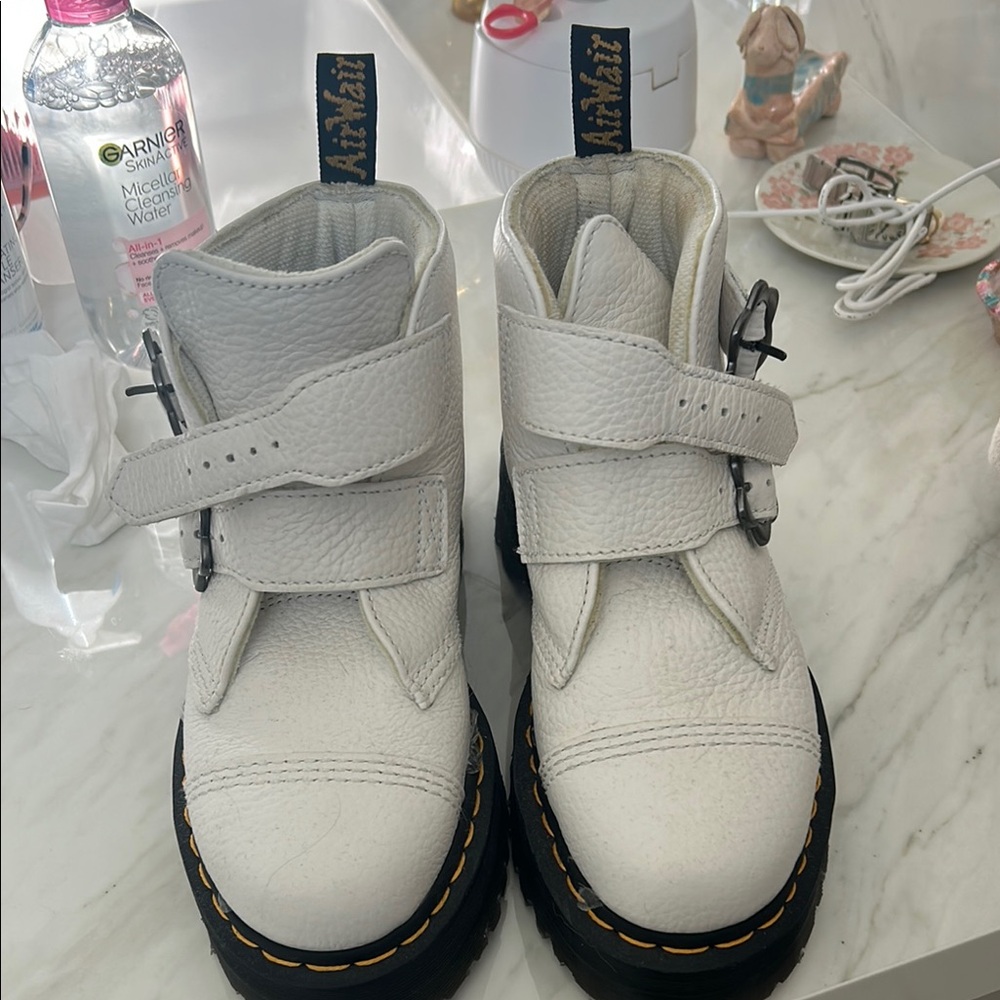 Dr. Martens White Combat Boots with Velcro Straps